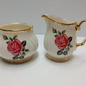 1970's Sadler Cream & Sugar Set, Sweet Rose Tea Time With Gold Trim, Porcelain